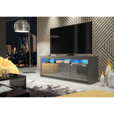 TV Unit 160cm Dark Grey Modern Stand Gloss Doors Free LED