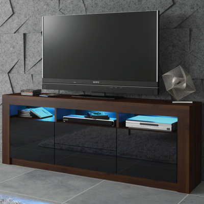 TV Unit 160cm LED Modern Walnut with High Gloss Black Doors - Creative Furniture