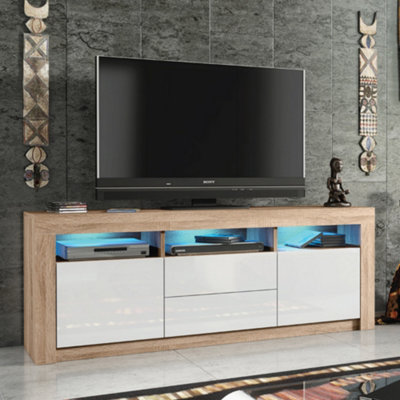 TV Unit 160cm Oak Modern Stand Gloss White Doors Free LED