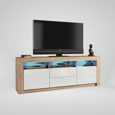 TV Unit 160cm Oak Modern Stand Gloss White Doors Free LED