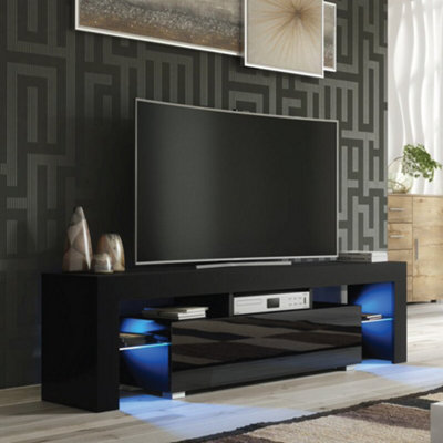 TV Unit 160cm Sideboard Cabinet Cupboard TV Stand Living Room High Gloss Doors - Black