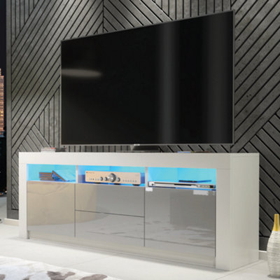 TV Unit 160cm Sideboard Cabinet Cupboard TV Stand Living Room High Gloss Doors - White & Grey