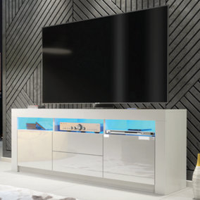 TV Unit 160cm White Modern Stand Gloss Doors Free LED