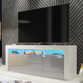 TV Unit 160cm White Modern Stand Grey Gloss Doors Free LED