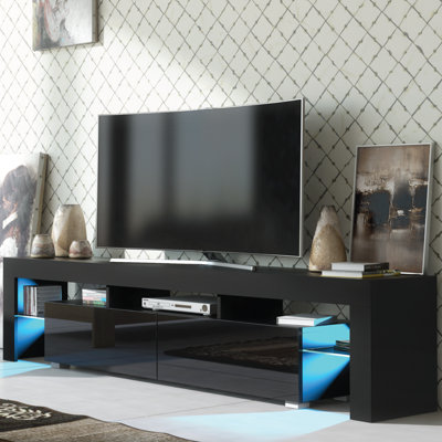 TV Unit 200cm Black Modern Stand Gloss Doors Free LED
