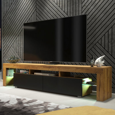 TV Unit 200cm Dark Oak Modern Stand Black Matt Doors Free LED