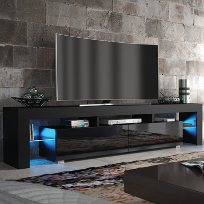 TV Unit 200cm LED Modern Black with High Gloss Grey Doors - Creative Furniture