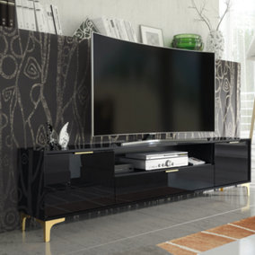 TV Unit 200cm Luxury Modern Stand Cabinet Black High Gloss & Gold Finish Accents