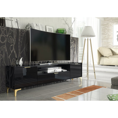 TV Unit 200cm Luxury Modern Stand Cabinet Black High Gloss & Gold Finish Accents