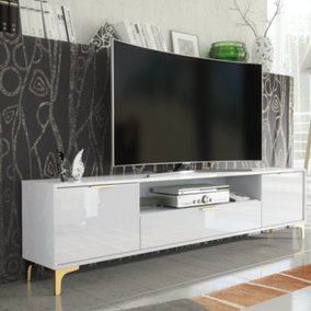TV Unit 200cm Luxury Modern Stand Cabinet White High Gloss & Gold Finish Accents