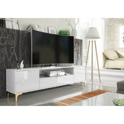 TV Unit 200cm Luxury Modern Stand Cabinet White High Gloss & Gold Finish Accents