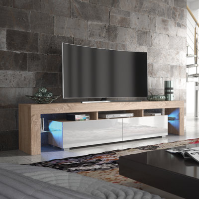 TV Unit 200cm Oak Modern Stand White Gloss Doors Free LED