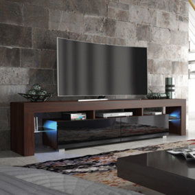 TV Unit 200cm Walnut Modern Stand Black Gloss Doors Free LED