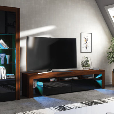 TV Unit 200cm Walnut Modern Stand Black Gloss Doors Free LED