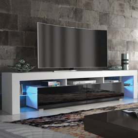 TV Unit 200cm White Modern Stand Black Gloss Doors Free LED