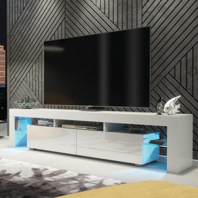 TV Unit 200cm White Modern Stand Gloss Doors Free LED