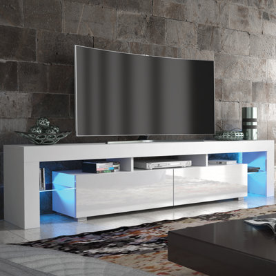 TV Unit 200cm White Modern Stand Gloss Doors Free LED