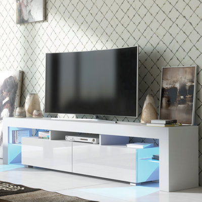 TV Unit 200cm White Modern Stand Gloss Doors Free LED