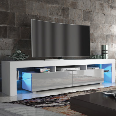 TV Unit 200cm White Modern Stand Grey Gloss Doors Free LED
