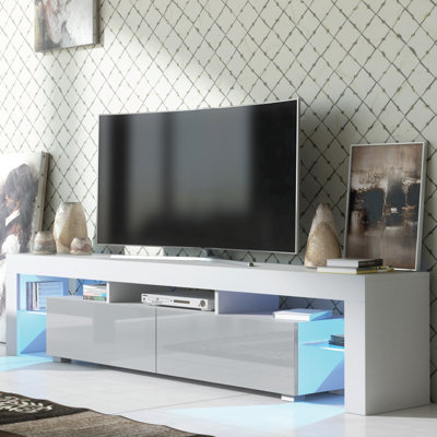 TV Unit 200cm White Modern Stand Grey Gloss Doors Free LED