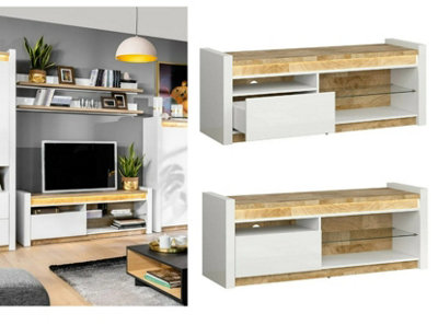 TV Unit Entertainment Stand Cabinet LEDs 1 Drawer White Gloss Oak Effect Alameda