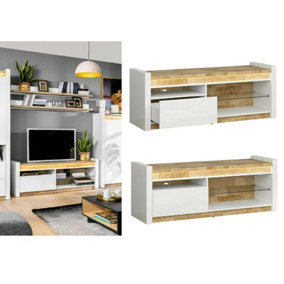 TV Unit Entertainment Stand Cabinet LEDs 1 Drawer White Gloss Oak Effect Alameda