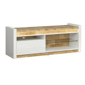 TV Unit Entertainment Stand Cabinet LEDs 1 Drawer White Gloss Oak Effect Alameda