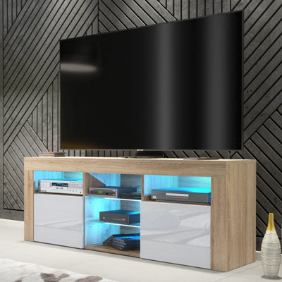 TV Unit Pulse 145cm - Oak & White Gloss Doors and LED Lights