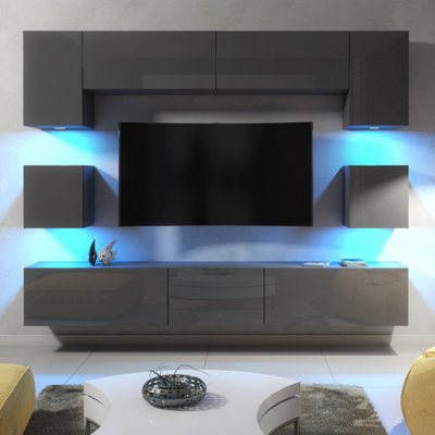 TV Unit Wall-Mounted Dark Grey with High Gloss Doors - Creative Furniture