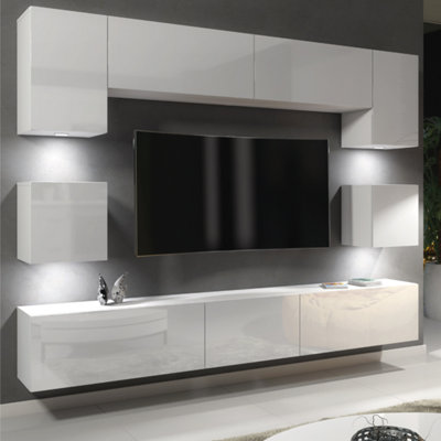 TV Unit Wall-Mounted White with High Gloss Doors - Creative Furniture