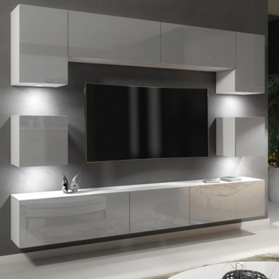 TV Unit Wall-Mounted White with High Gloss Grey Doors - Creative Furniture