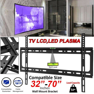 TV Wall Mount Bracket for 32-70 Screens Slim Fixed, Ultra Low Profile, Heavy Duty Steel, LED, LCD,Plasma TVs Support 50kg