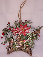 Twig Wrapped Hanging Star with Poinsettia and Berry Frosted Décor