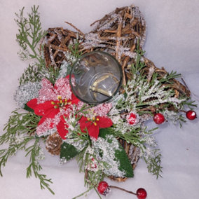 Twig Wrapped Star Centrepiece Candle Holder with Poinsettia and Berry Frosted Décor