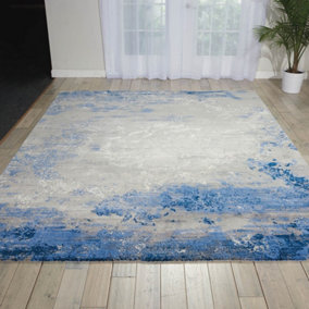 Twilight Blue Funky Luxurious Modern Easy to Clean Abstract Viscose Wool Rug for Living Room, Bedroom - 168cm X 244cm