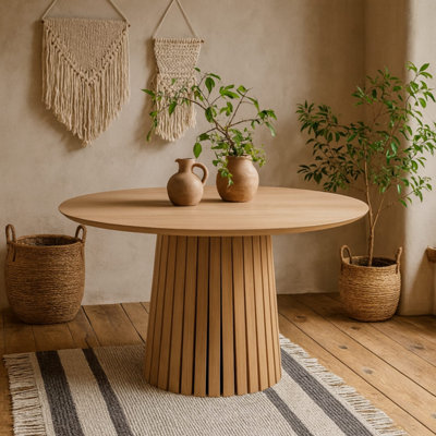 Twillbury Round Dining Table, Matt Oak-Look Top with Slatted Conic Base ...