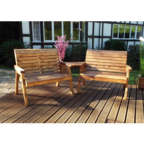 Twin 2 Seater Bench Set Quality, Wooden Garden Furniture - W264 x D90 x H98 - Fully Assembled