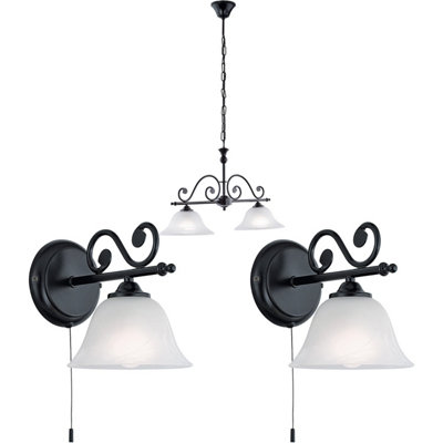Twin Ceiling Pendant Light 2x Matching Wall Lights Black Alabaster Glass