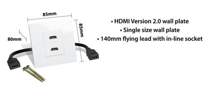 Twin Full HD HDTV 4K HDMI Wall Plate with 2 x Fly Lead