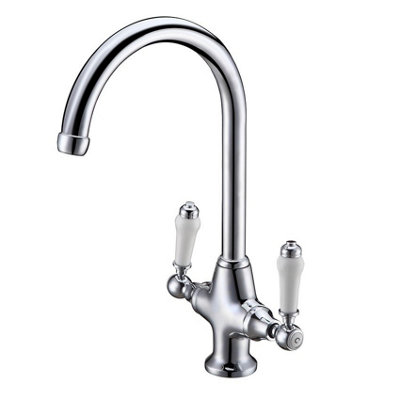 Twin Lever Traditional Mono Kitchen Sink Mixer Brass Tap Spout Ceramic Handle