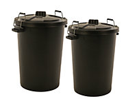 Twin Pack  - Black Garden Dustbin - Large 90L Refusal Heavy Duty Plastic Waste Bin with Galvanised Metal Clips and Lid