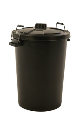 Twin Pack  - Black Garden Dustbin - Large 90L Refusal Heavy Duty Plastic Waste Bin with Galvanised Metal Clips and Lid