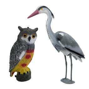 Twin Pack Pond Decoy Realistic Owl And Heron Pest Deterrent Scarer Koi Carp Fish