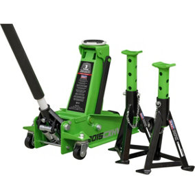 Twin Piston Hydraulic Trolley Jack & 2 Axle Stand Kit - Safety Overload - Green