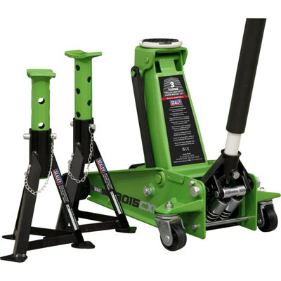 Twin Piston Hydraulic Trolley Jack & 2 Axle Stand Kit - Safety Overload - Green