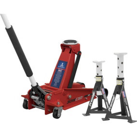 Twin Piston Hydraulic Trolley Jack & 2 x Axle Stand Kit - Safety Overload