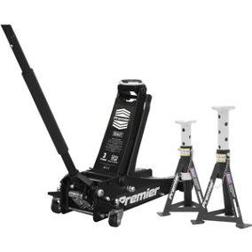 Twin Piston Hydraulic Trolley Jack & 2 x Axle Stands Kit - 3000kg Limit - Black