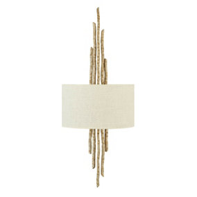 Twin Wall Light Hand Hammered Twig Effect White Shade Champagne Gold LED E14 60W