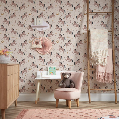 Twinkle and Twinkle Unicorn Wallpaper In Dusky Pink And Navy