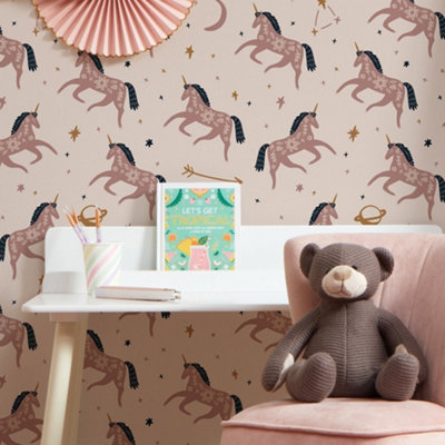 Twinkle and Twinkle Unicorn Wallpaper In Dusky Pink And Navy